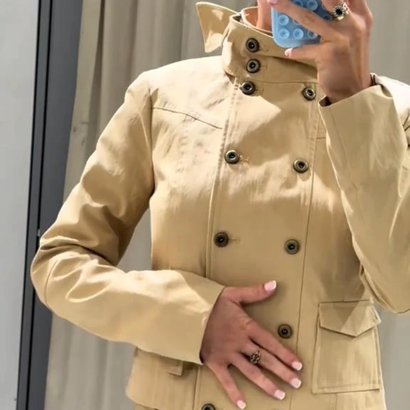Damenjacken mit Stehkragen, Langen Ärmeln, Doppelreihigen Taschen, Frühlings- und Herbstmäntel, Einfarbig, Locker Geschnitten, Safari-Stil, Neue Oberbekleidung – Detail 13