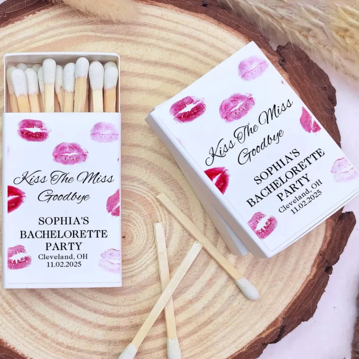 

Kiss The Miss Goodbye Custom Bachelorette Matchboxes, Personalized Hen Party & Bridal Shower Favors