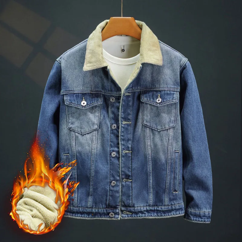 Men's Winter Fleece Lined Denim Jacket Loose Warm Retro Casual Coat Fashion Versatile Daily Commute Male Outerwear