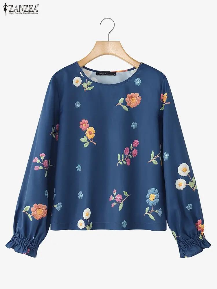 

ZANZEA 2022, женская осенняя блузка с цветочным принтом, повседневные топы с длинными рукавами, модные рабочие рубашки с круглым вырезом, свободные Blusas Mujer, большие размеры