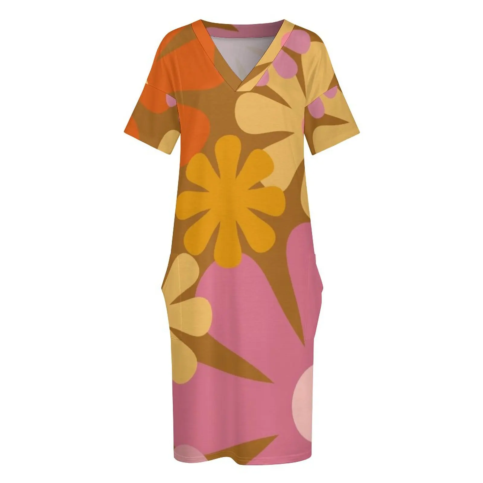 Retro 60s 70s Flowers - Vintage Style Floral Pattern in Thulian Pink, Orange, Mustard, and Brown Loose Pocket Dress