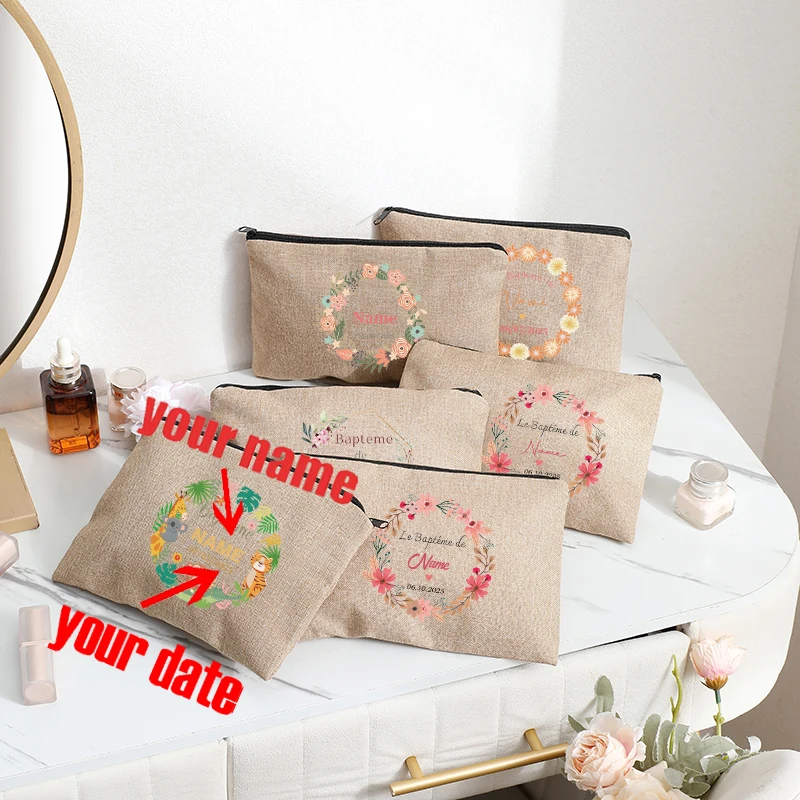 

Personalized with Name Flowers Baptism Patterns Jute Zipper Cosmetic Makeup Bag Travel Organizer Childrens Birthday Christmas