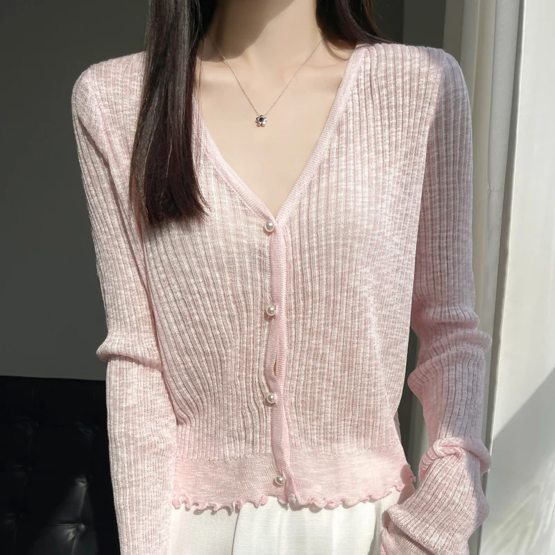 Women New Spring Summer Ice Silk Fabric Sweater V-neck Lace Short Style Cardigan Casual Knitted Soft Slim Sexy Jacket Top