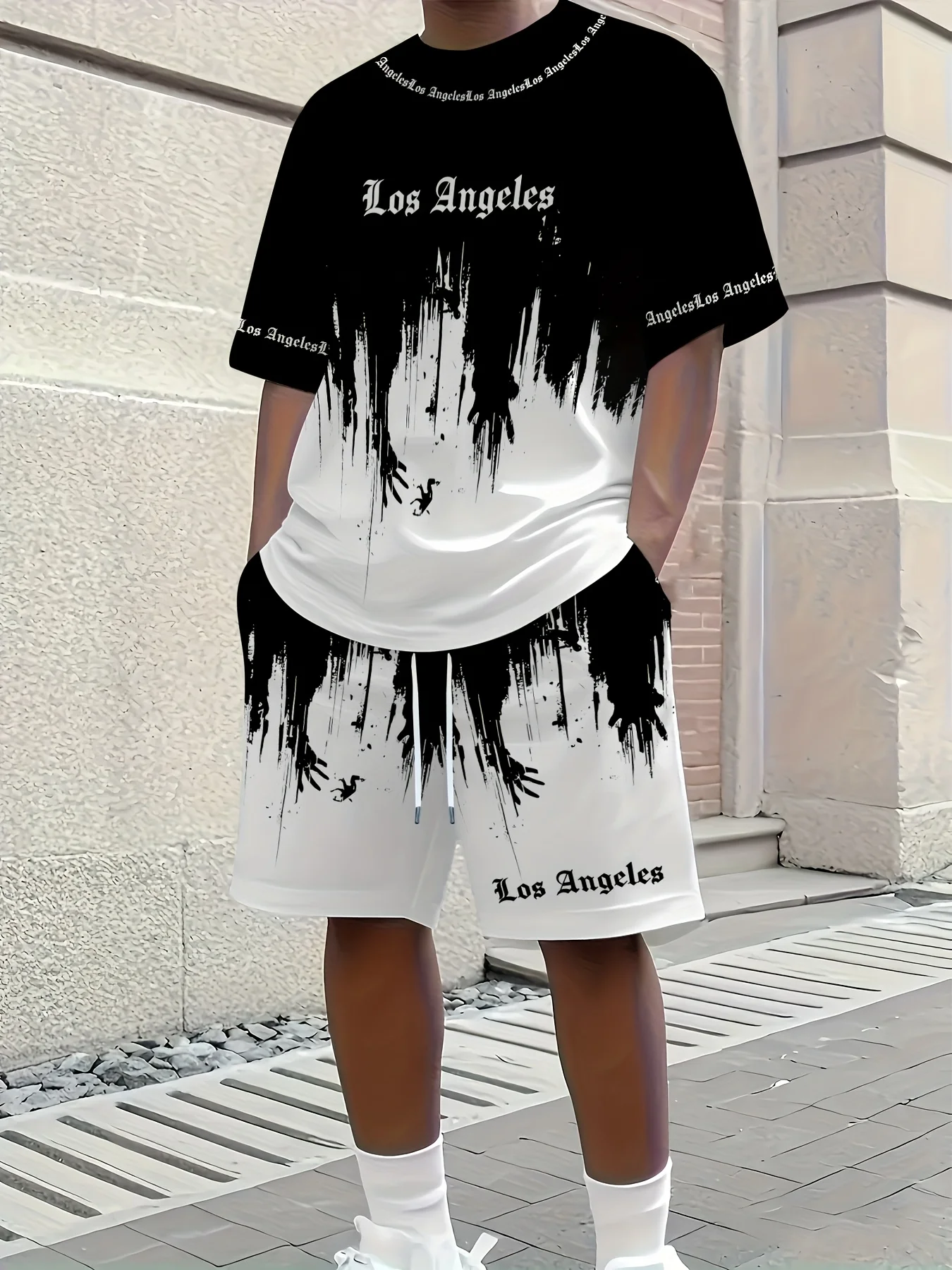 

2-Piece New British Style Men's Short-sleeved Shirt Casual Sports Breathable Soft Summer Top and Drawstring Shorts