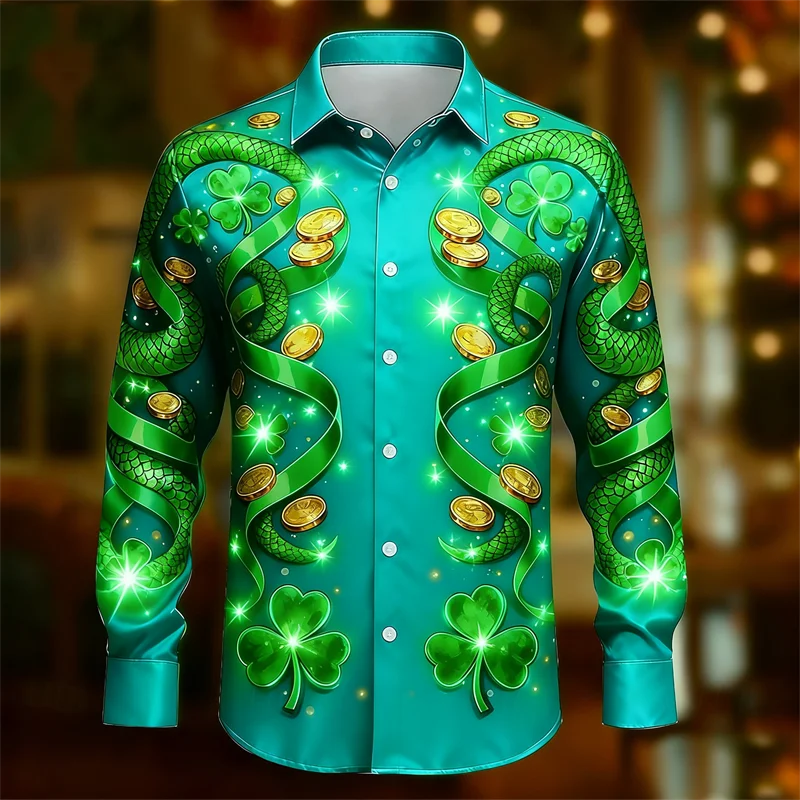 New 11 color men's top with 3D clover print long sleeved shirt, fashionable and casual, high-quality dragon design top