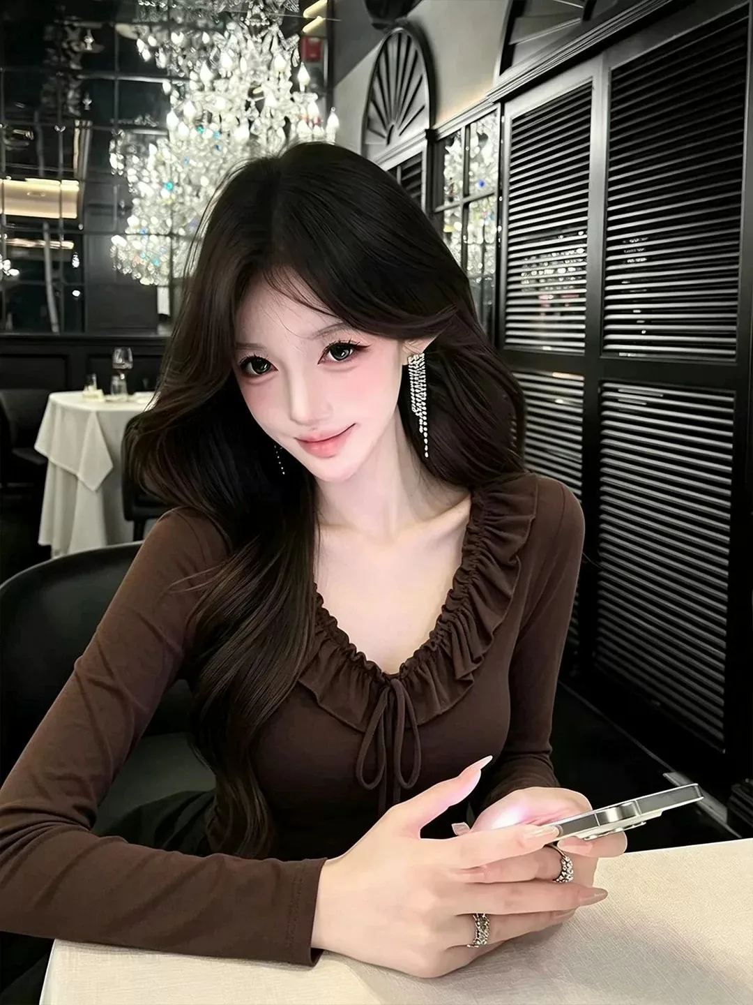 Slim Fit Long Sleeve V-Neck T-Shirt Women's Fashion Autumn High Waist Bell Sleeve Brand Buckle European Style Coffee Color Block