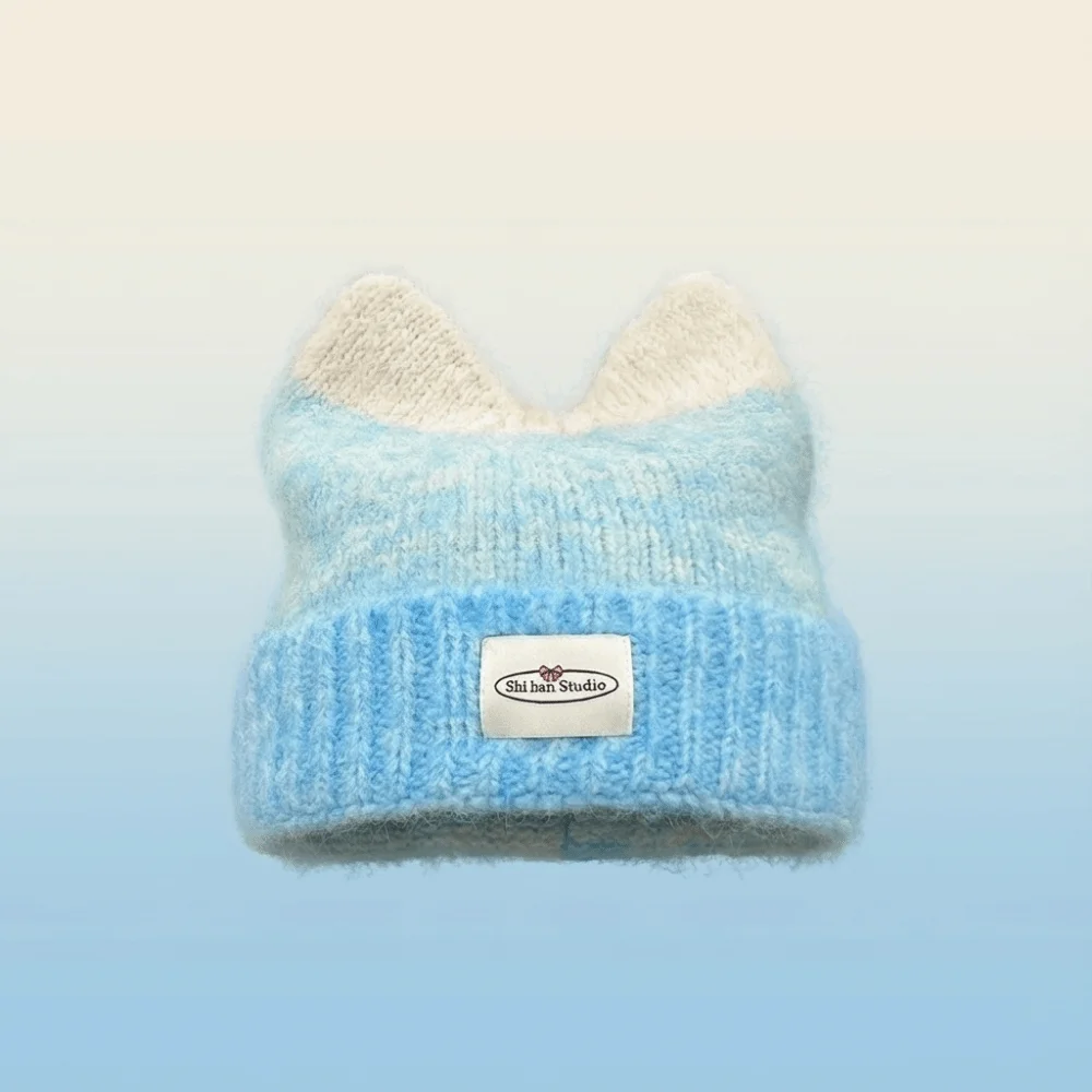 

New Gradual Change Color Knitted Hat Yarn Cat Ears Shape Winter Hat Cute Warm Beanie Hat Outdoor