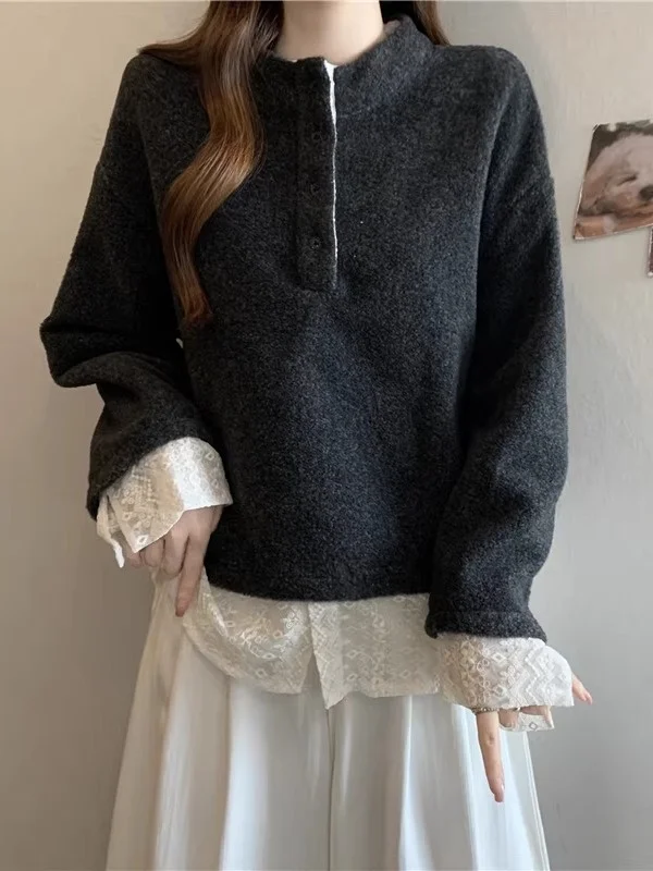 

ay Woolen Long Sve Lace Splicing Sweatirt Women's plus Size Loose Fit Winter Faion Casual Sle Trendy Top