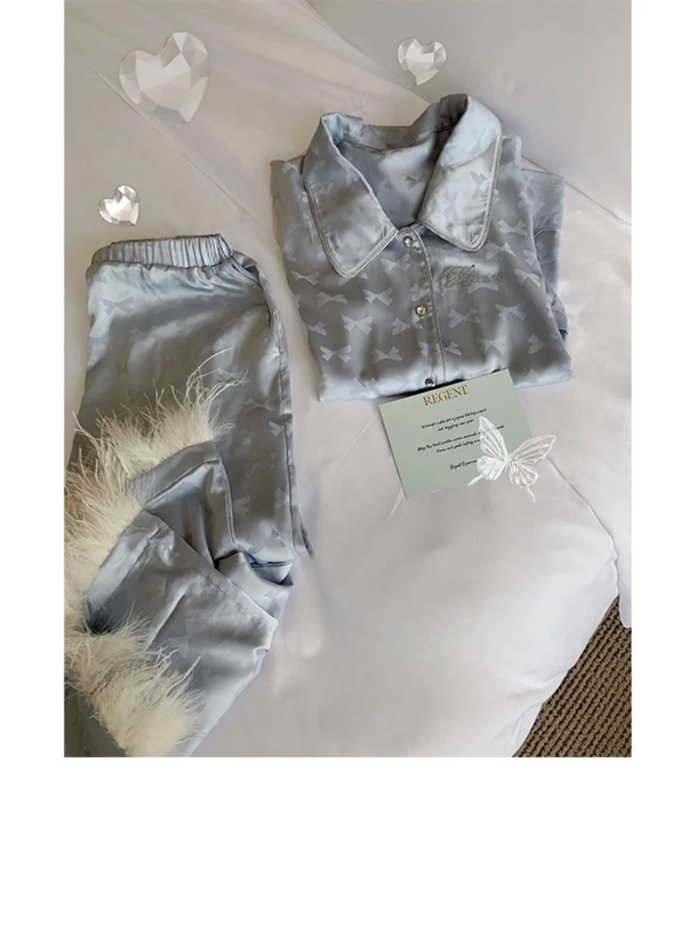 Korean Version of The Original Sweet Girl High-end Satin Streamer Feather Sleeve Pajamas Long-sleeved Lapel Loungewear Set