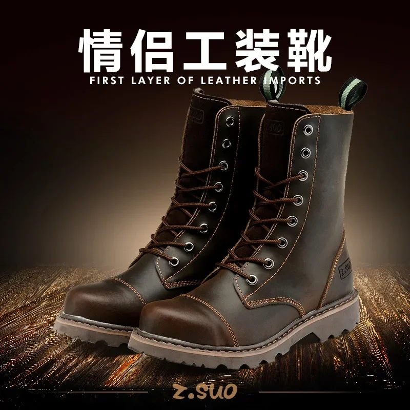 Men Military Boots Genuine Leather Metal Gothic Punk Boots Motorcycle Knight Boots Black Desert Combat  Top Ankle Boots Male