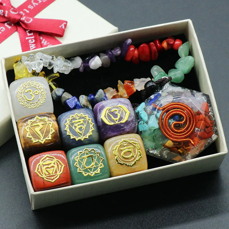 Natural Crystal Seven Chakras Cube Tumble Chip Healing Stones Energy Balancing Meditation Yoga Decor Gift Box