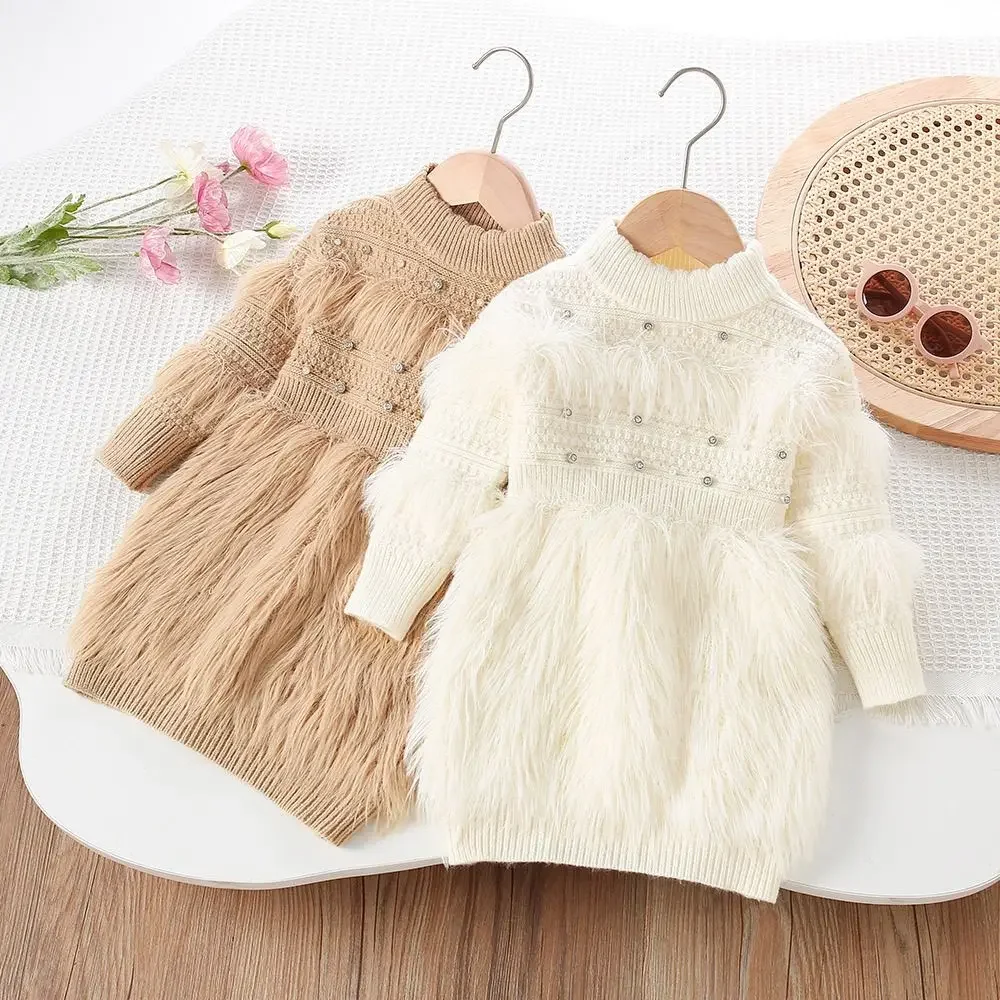 Korean Toddler Girl Knit Dress Autumn Winter Beaded Sweater Dress Kids Warm Fuzzy Yarn Dress Fashion Children Clothing
