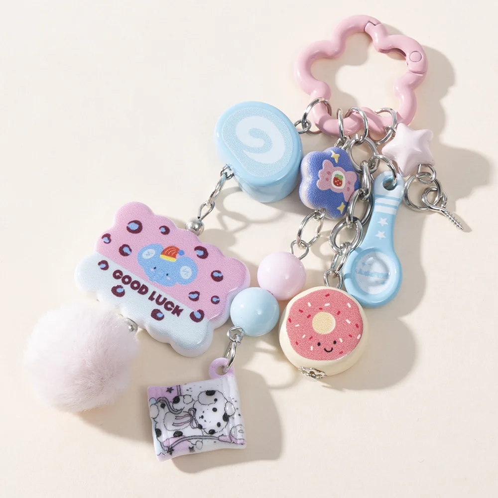 Kawaii Elephant Puppy Cookies Doll Keychain Cute Donut Spoon Beaded Charm Anti-lost Phone Case Key Decor Pendant for Girls Woman