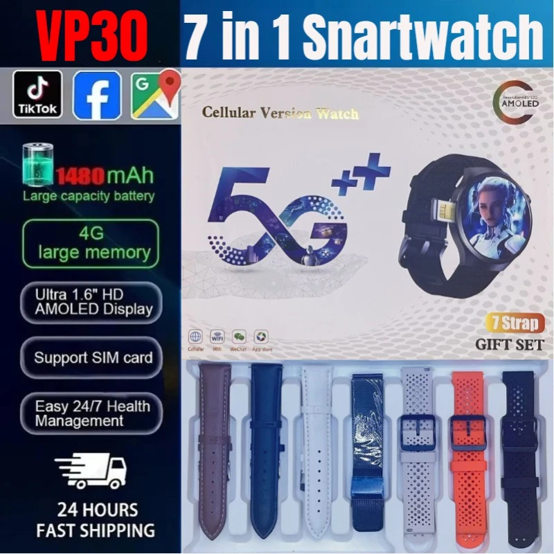 

VP30 7-in-1 Smart Watch 4G Full Network SIM Card 1.75'' 466*466 AMOLED Screen 500W Camera With GPS Wifi Google Play Android