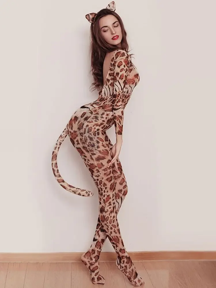 

Leopard Prints Backless Cosplay Bodystocking Outfit Tights Low Cut Open Crotch Bodysuit Sexy Leotard Conjoined Lingerie Catsuit