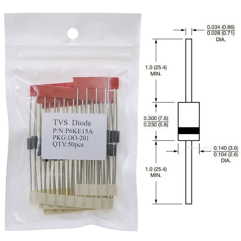 50pcs TVS Diode P6KE6.8A P6KE10A P6KE12A P6KE13A P6KE15A P6KE16A P6KE18A P6KE24A P6KE27A P6KE30A P6KE33A P6KE36A P6KE51A