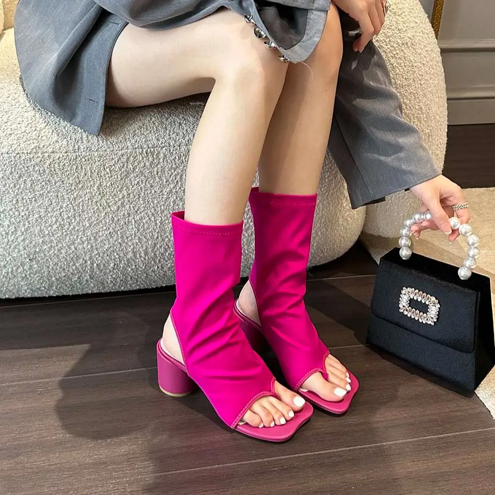 Fashion Women Sandals Boots Clip Toe Summer Stretch Boots Sock Booties Thick High Heels Slip On Rose Black Party Stretch Boots