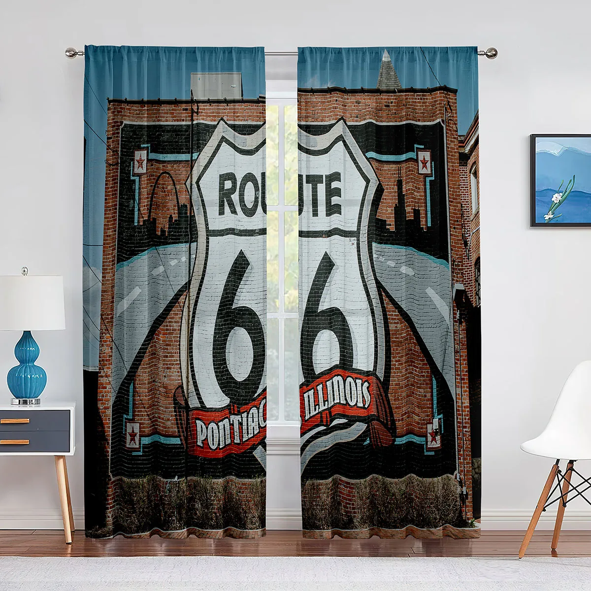 

Vintage Route 66 Brick Wall Tulle Curtains for Living Room Bedroom Kitchen Decor Chiffon Sheer Voile Curtains Window Treatment