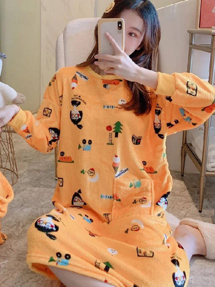 Young Girl Warm Flannel Nightdress Long Sleeve Autumn Winter Nightgowns & Sleepshirts Women Sleepwear Shirt Home Wear Clohtes