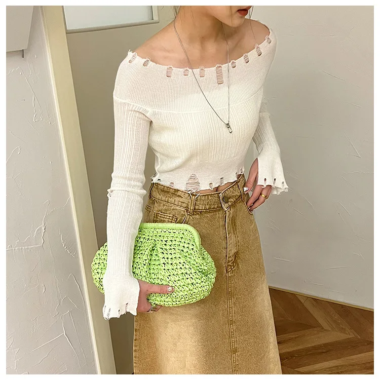 Raffia Crochet straw clutch bag women handmade summer beach woven handbag  khaki natrual green rose 2023 new