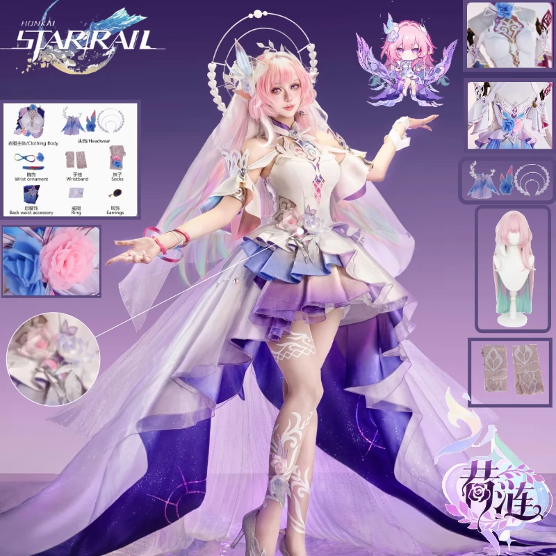 Cyrene Cosplay Honkai: Star Rail Cyrene Mem Neue Form Weiß-Rosa Lolita-Kleid Perücke Kopfschmuck Zubehör-Set für Comic Con Party