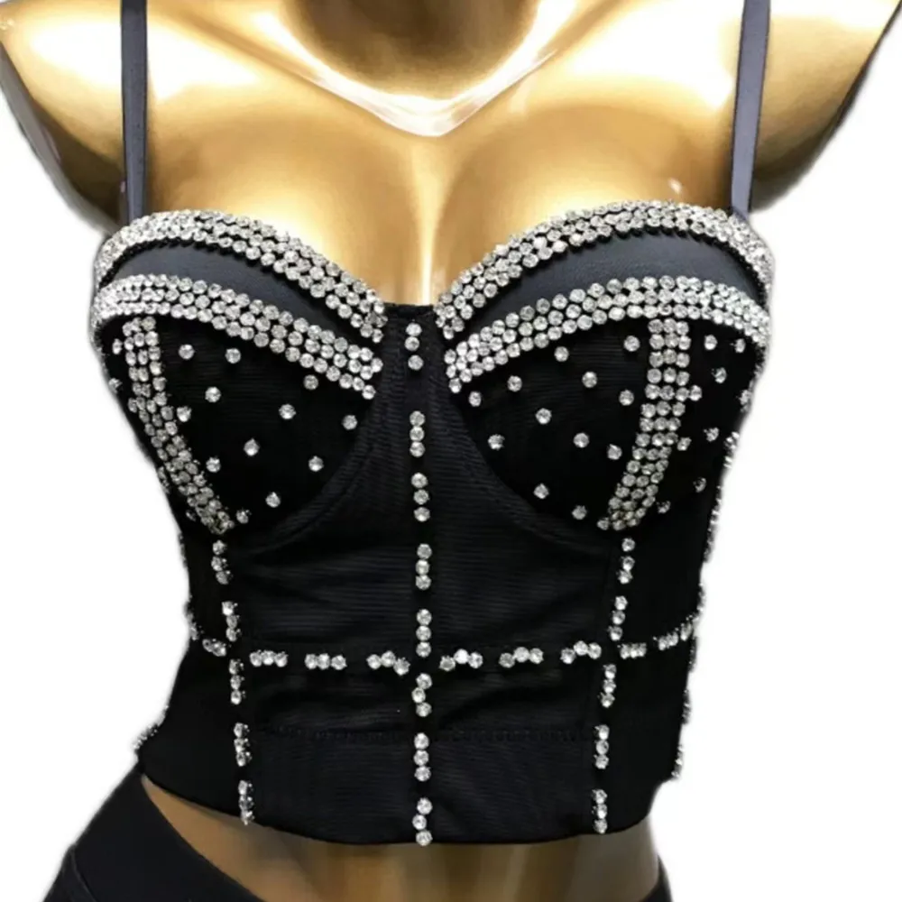 2024 Summer bright diamond Crop Top breast fish bone wear corset performance clothes gather sling female TANK TOPS Fashion ﻿