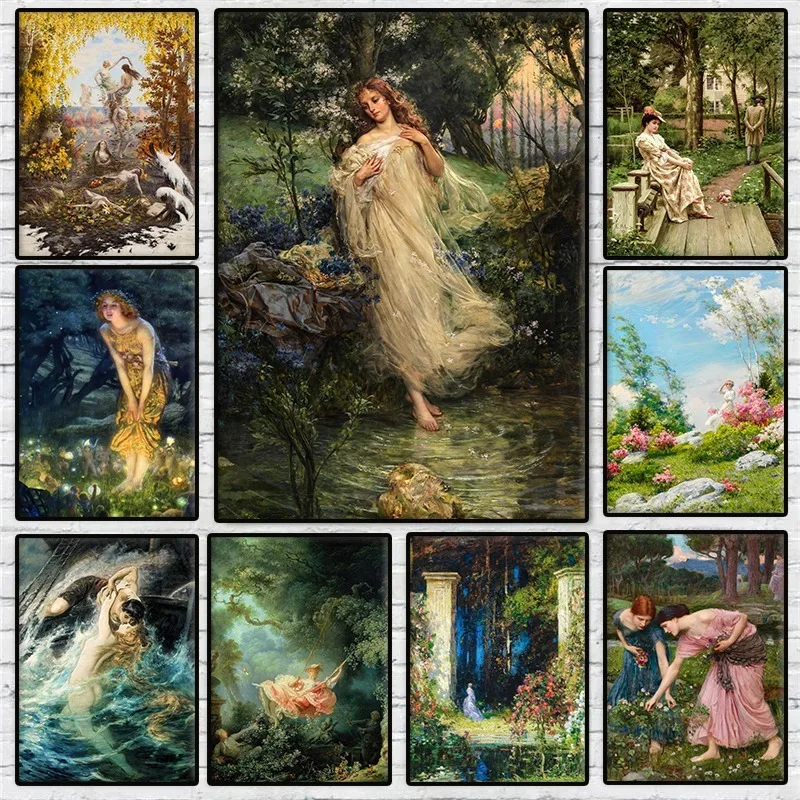 Victorian Famous Artworks Woman Portrait Poster Medieval Goddess Fairy Girl Canvas Painting Wall Art for Living Room Home Dec