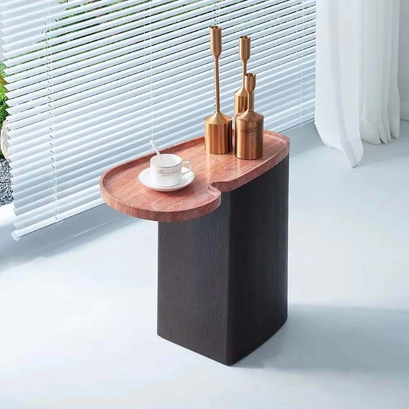 Modern luxury limestone side table dark wood base living room coffee table
