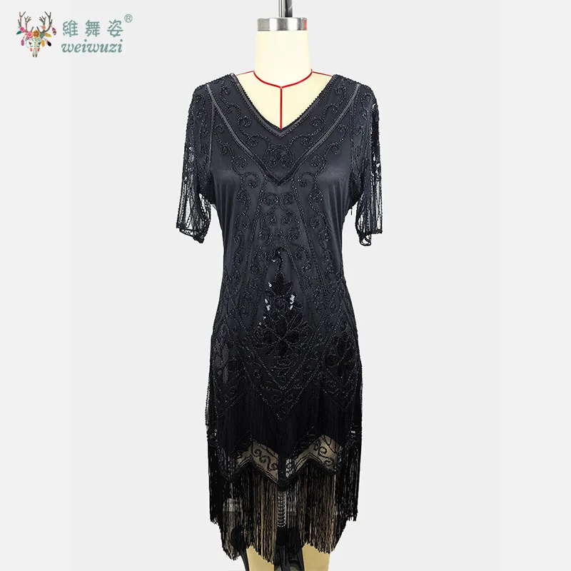 여성 패션 빈티지 플러스 사이즈 S-3XL 컬러 시퀸 풀 태슬 드레스 1920년대 V넥 나비 소매 이브닝 드레스