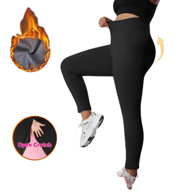 المرأة مفتوحة المنشعب حجم كبير سميكة الصوف طماق عالية الخصر جيوب المرأة الخريف والشتاء لباس خارجي ضيق