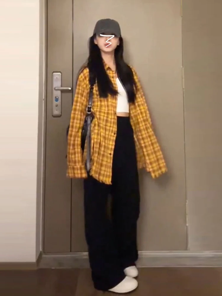 Coréen Sle Jaune Plaid irt Jaet Femmes Printemps Automne Mince Long Sve Top Paresseux Sle Crème Solaire irt Coton Polyester...