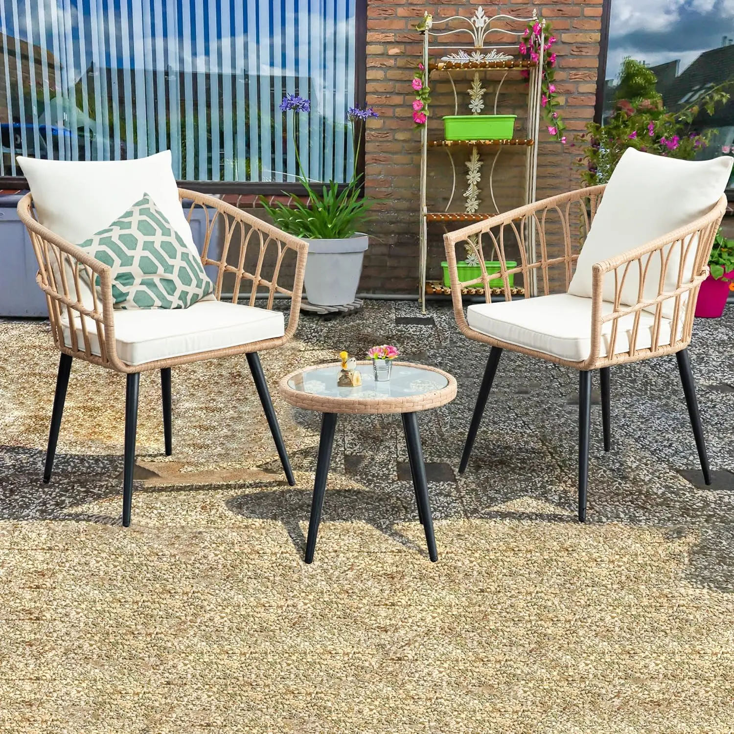 

Comfort Corner 3 Pieces Sets,Outdoor Wicker Rattan Furniture Set with Soft Cushions Glass Side Table for Backyard Balcony Deck