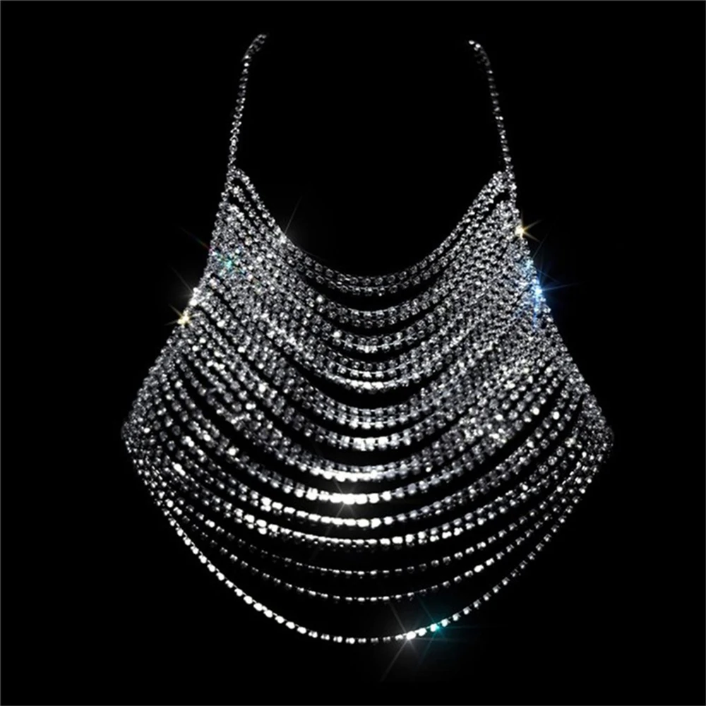 Sexy Sparkling Tassel Rhinestone for Chest Chain Jewelry Fashion Nightclub Party Crystal Bra Chain Wear Jewelry Accessories