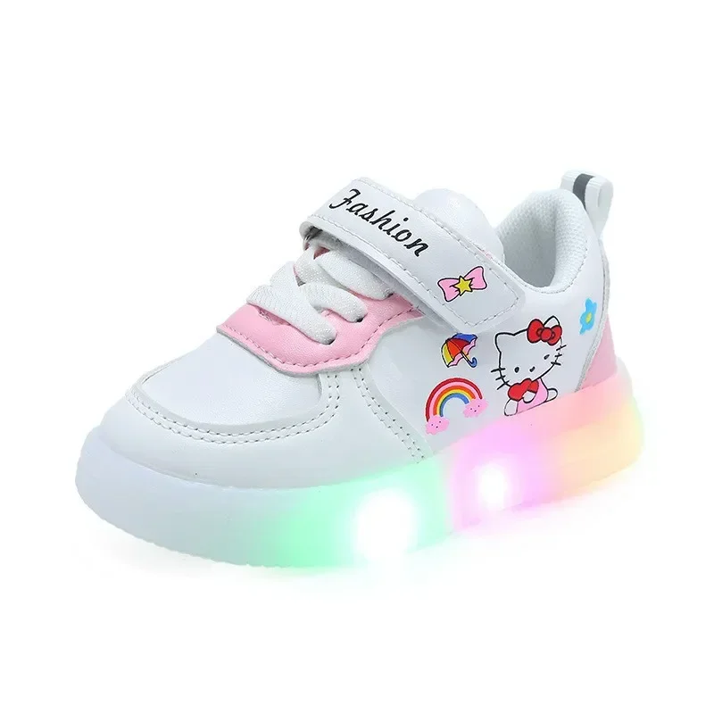 LED Kids Shoes for Girls Cute Cartoon Hello Kitty Shoes Baby Girl Kawaii Canvas Shoes Soft Bottom Sneakers Casual Shoes