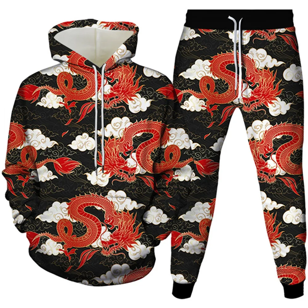 Men Clothes Tracksuit New Animal Dragon Phoenix Cloud Florial Peacock Harajuku Style Hoodies Pants 2 Pieces Sets Man Costume