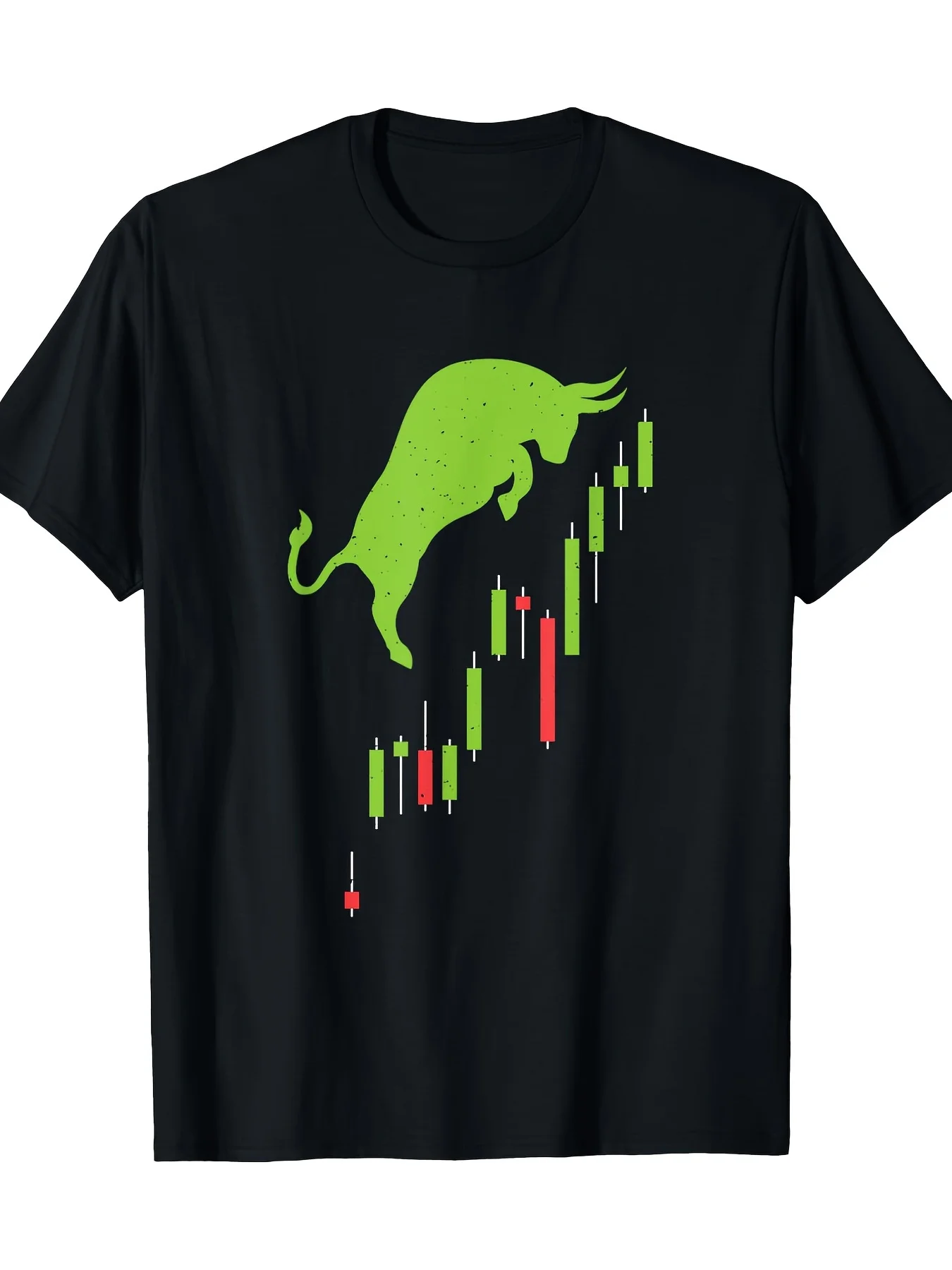T-shirt graphique pour homme avec motif de taureau et bougie boursière - Noir avec motif de taureau vert et bougie rouge, manches courtes, col rond