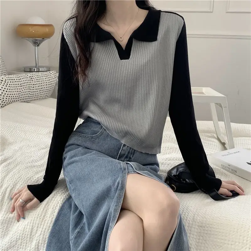 Autumn New Fashion Versatile Korean Sweater Simple Polo Collar Color Block Long Sleeve Women\'s Patchwork Pullover Loose Knit Top