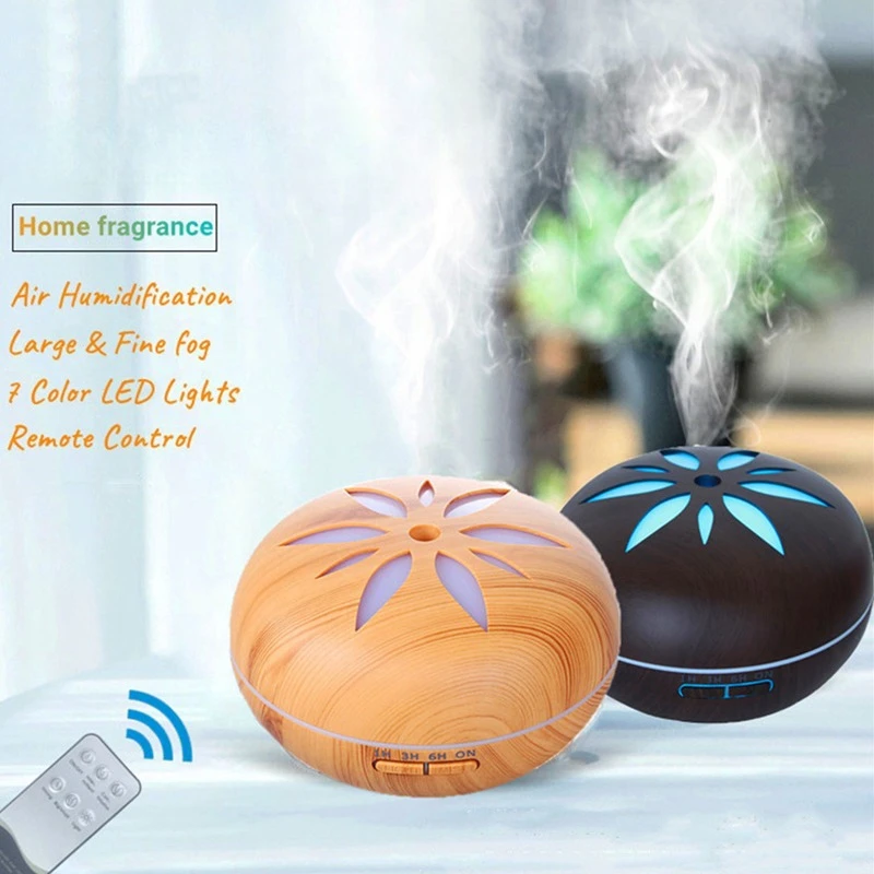 Diffuseur d'huiles essentielles d'aromathérapie 500ML, humidificateur d'air ultrasonique avec télécommande, Grain de bois, frais avec 7 lumières LED colorées