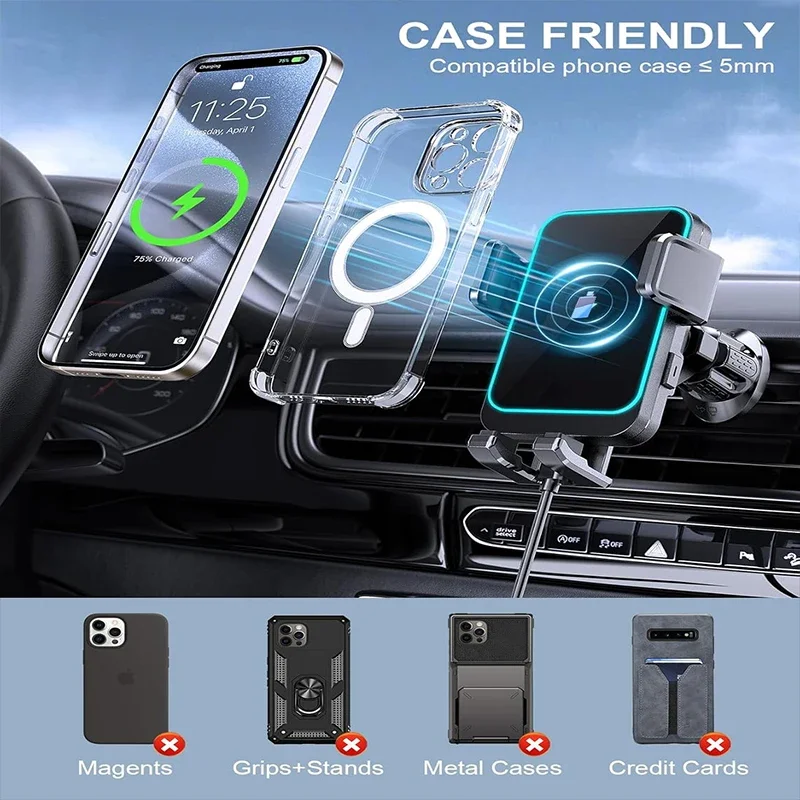 

Беспроводное автомобильное зарядное устройство UYUXIO с автоматическим зажимом и LED-подсветкой, быстрая зарядка 66 Вт, держатель для телефона на воздуховод для iPhone 16 15 14 Pro Max