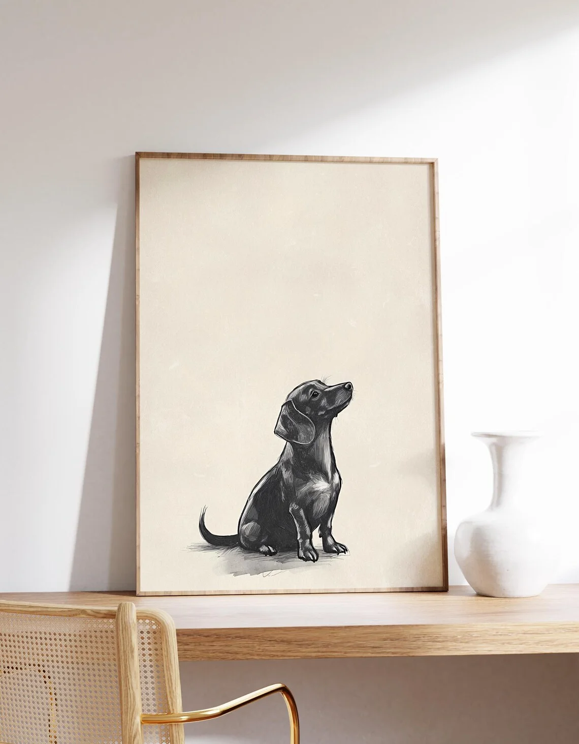 Art mural au crayon de style croquis de Teckel serein - Impression intemporelle célébrant la loyauté canine. Le fond beige doux et les détails Linewo