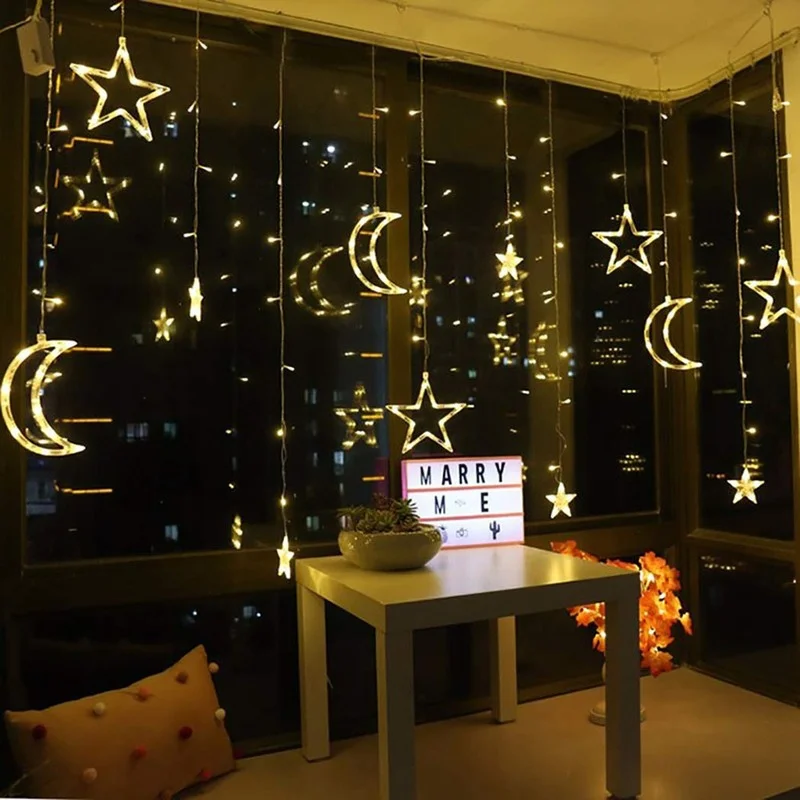 Curtain String Light Moon and Star EU/US Plug LEDs Fairy Lights Christmas Holiday Garden Party Indoor Decor for Home Bedroom