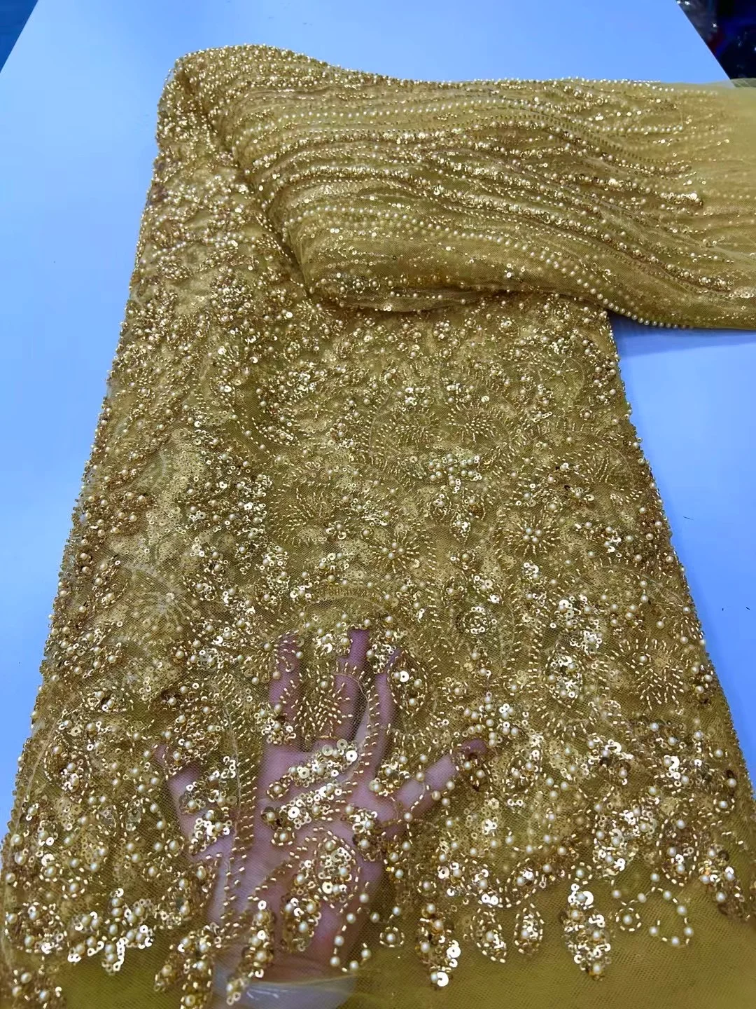 

2025 Latest Gorgeous Gold African Handmade Beads Laces Fabrics Luxury Nigerian Sequins Mesh Lace Fabric For Party Dress