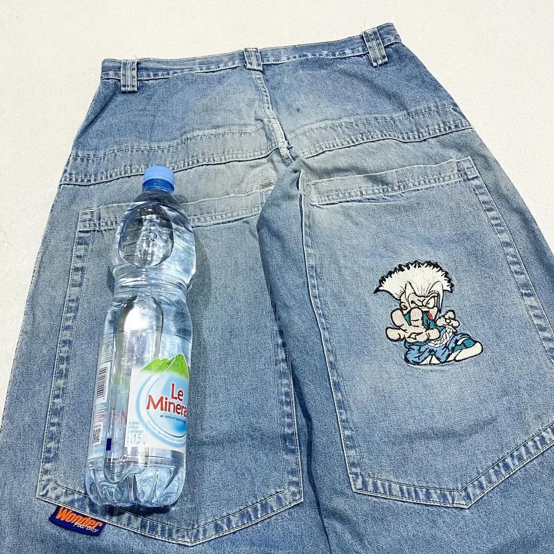 JNCO Skateboard Style White-haired Boy Comic Pattern Embroidered Jeans Men\'s Low-waist Wide-leg Mopping Pants Harajuku Street