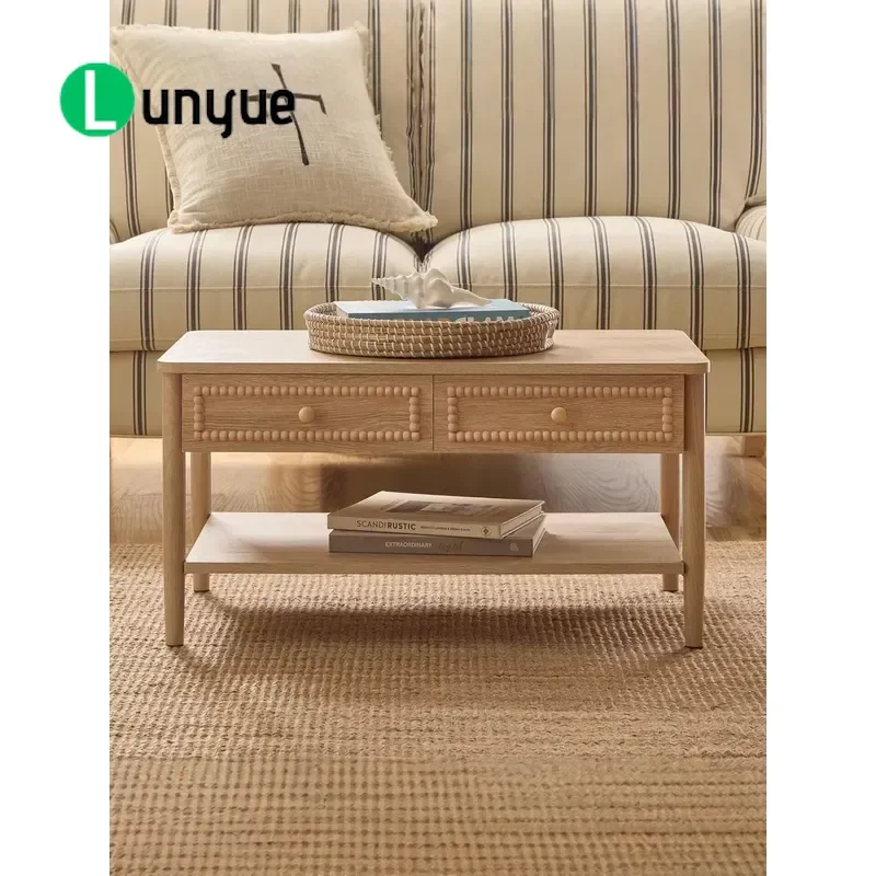 American Country Style Carved Solid Wood Rectangular Coffee Table French Retro Old Veneer Drawer Living Room Furniture