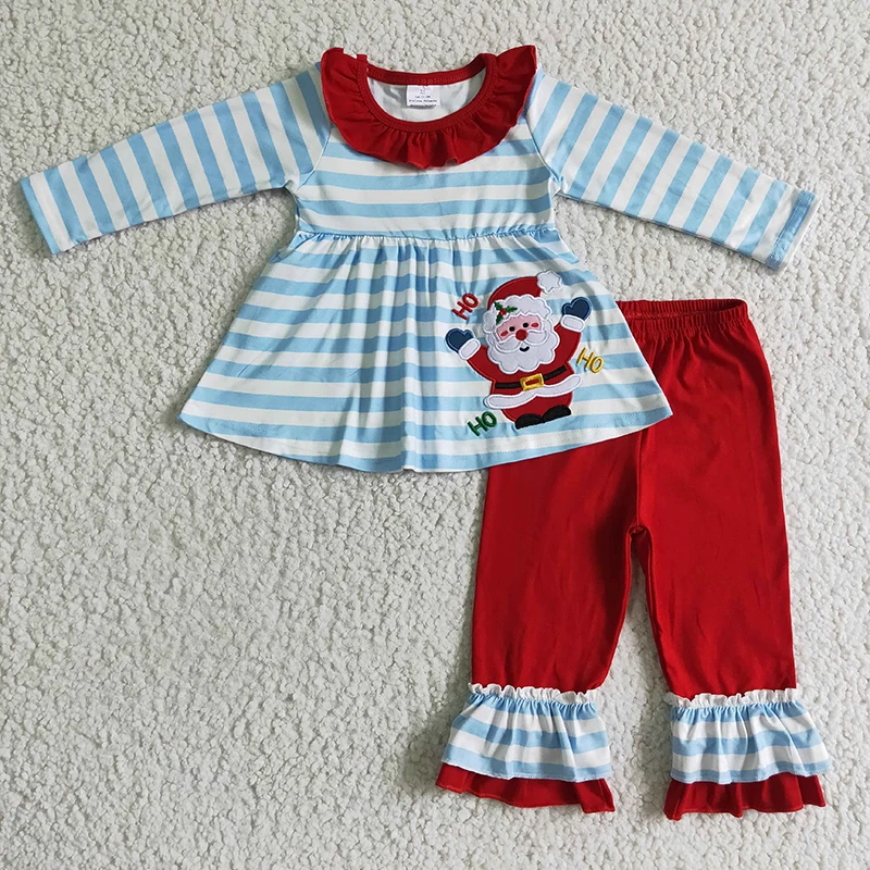 

Baby Girl Christmas Embroidery Santa Sleepwear Children Stripe Long Sleeve Set Ruffle Cotton Red Pants Kid Outfit Infant Pajamas