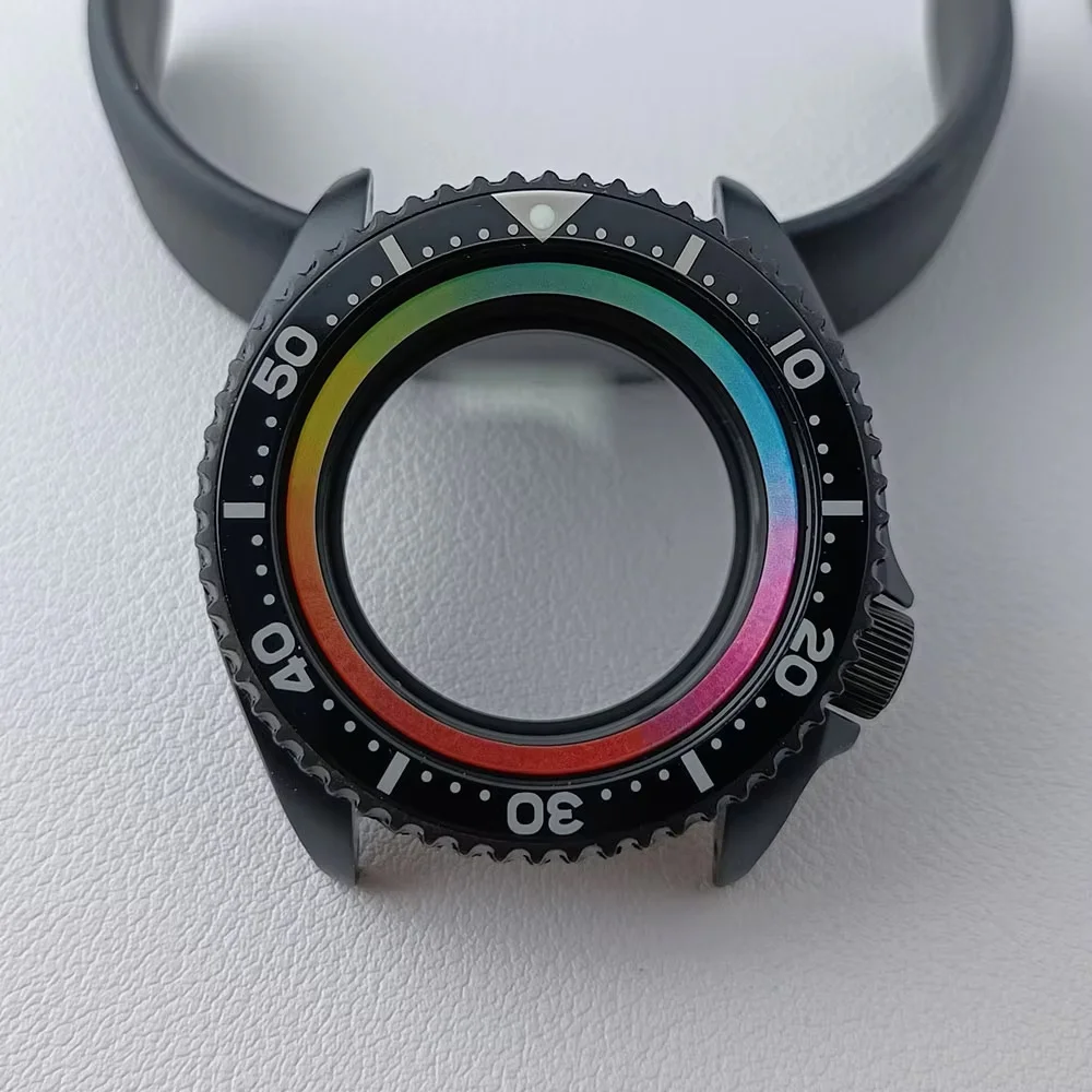 NH35 حالة 42 مللي متر ساعات رجالية فضي/أسود لديها حلقة الصلب حالة صالح NH35 NH36 صندوق ساعة الطلب الياقوت الطائرة الزجاج 22 مللي متر حزام