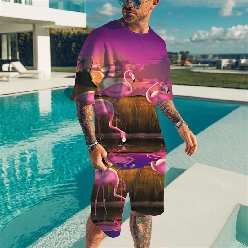 Graffiti Style Hawaiian T-shirt Set Men's Summer Beach T-shirt 2 Piece Set Vintage Casual Men's Top Set Street Round Neck Tshirt