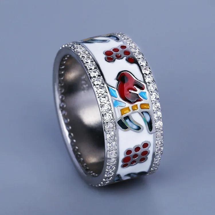 New Enamel Flamingo Ladies Ring 925 Stamp Fashion Colorful Drip Ring Personalized Creative Ethnic Style Animal Hand Jewelry