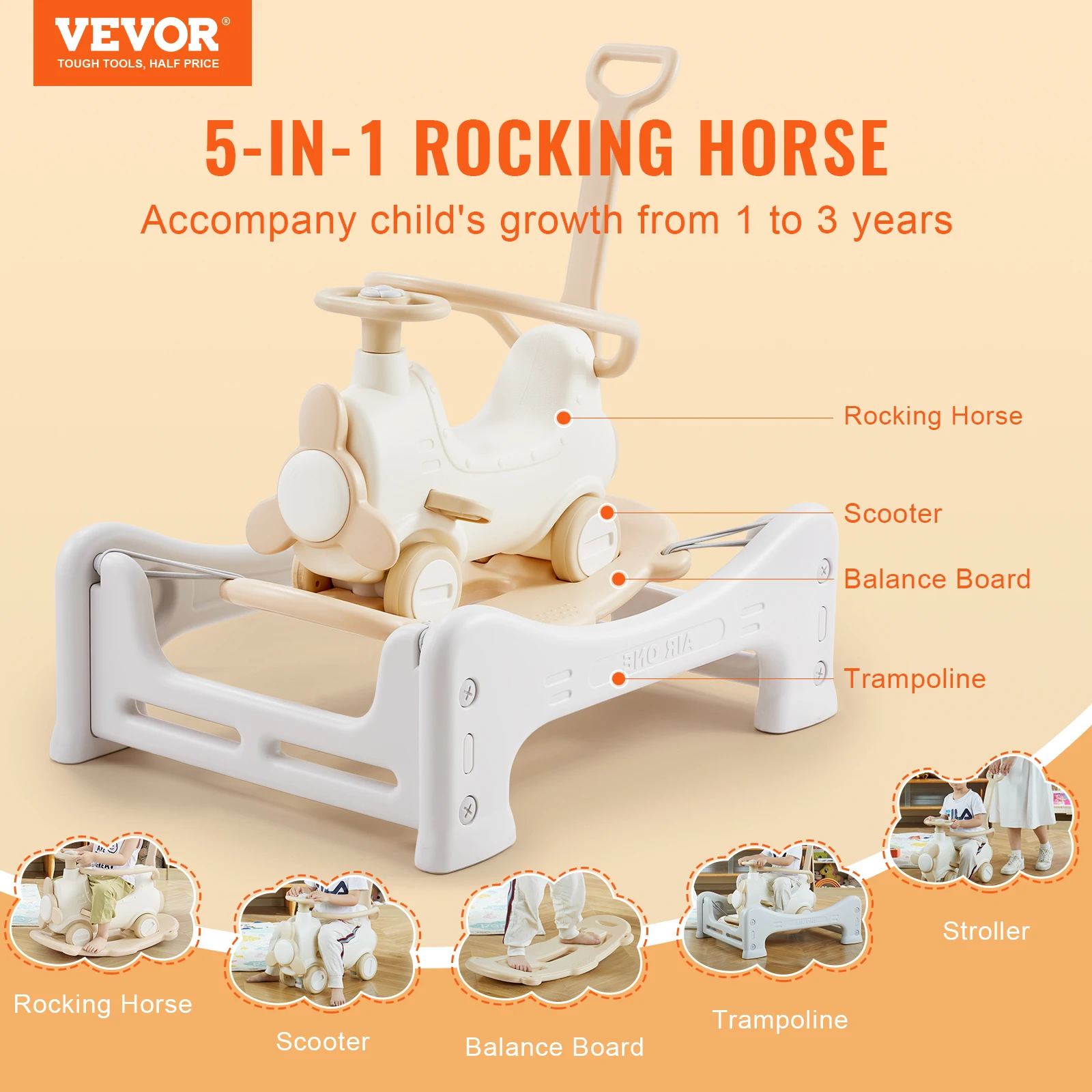 VEVOR 5 in 1 HDPE Rocking Horse for Toddlers 1-3 Years, Baby Rocking Horse with Trampoline Detachable Balance Board