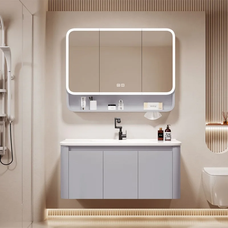 Wall-Mounted Bathroom Vanity Set, Ceramic Basin, Washstand, Smart Mirror Cabinet, Integrated Sink, Makeup Storage, Modern Design